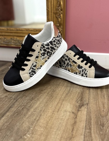 Baskets compensées femme léopard chic - Sneakers tendances pailletées et talon doré