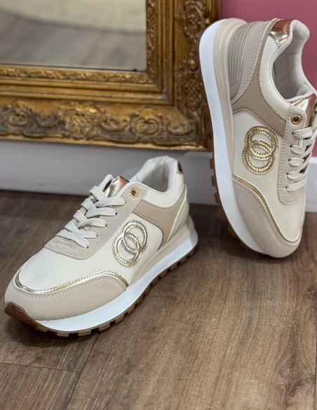 Baskets femme chic beige et doré élégantes et confortable semelle épaisse crantée