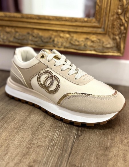 Baskets femme chic beige et doré élégantes et confortable semelle épaisse crantée