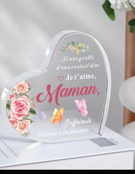 Cadeau Maman - Bloc cœur acrylique avec message amour pour idée cadeau fête des mères