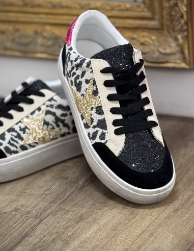 Baskets femme léopard pailletées -...