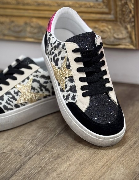 Baskets femme léopard pailletées - Sneakers mode avec étoile doré