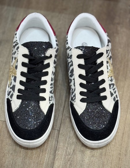 Baskets femme léopard pailletées - Sneakers mode avec étoile doré