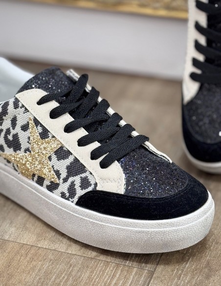 Baskets femme léopard pailletées - Sneakers mode avec étoile doré