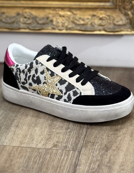 Baskets femme léopard pailletées - Sneakers mode avec étoile doré
