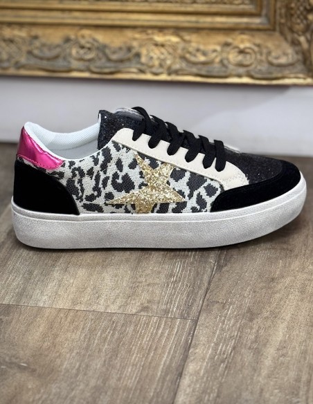 Baskets femme léopard pailletées - Sneakers mode avec étoile doré