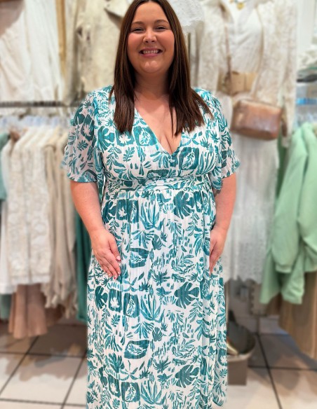 Robe longue fluide manches courtes à imprimé tropical été