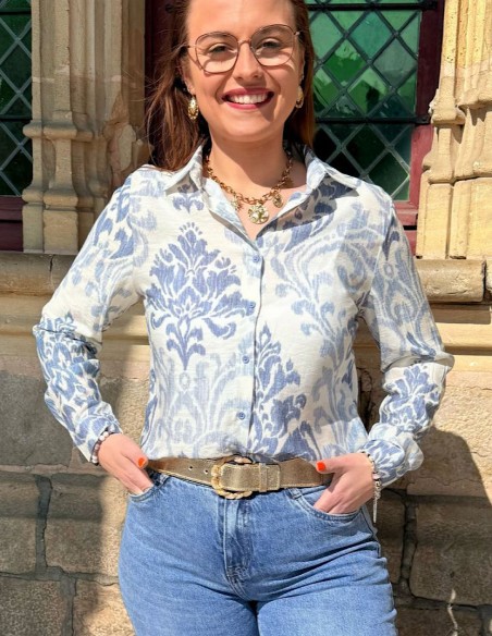 Chemisier femme à motifs baroques bleu délavés - Léger et fluide