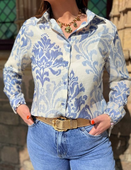Chemisier femme à motifs baroques bleu délavés - Léger et fluide
