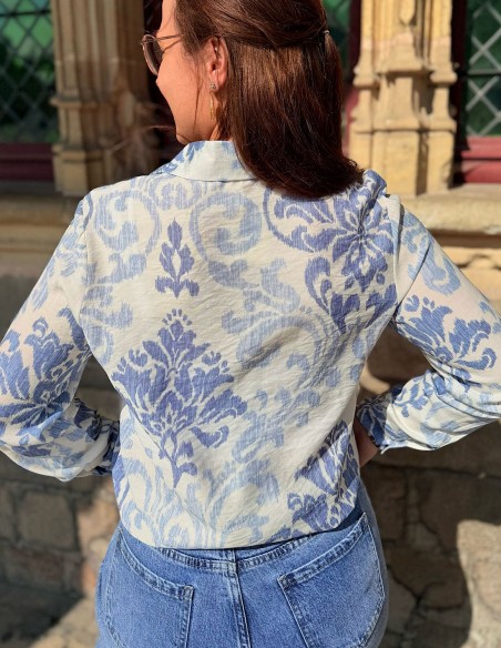 Chemisier femme à motifs baroques bleu délavés - Léger et fluide