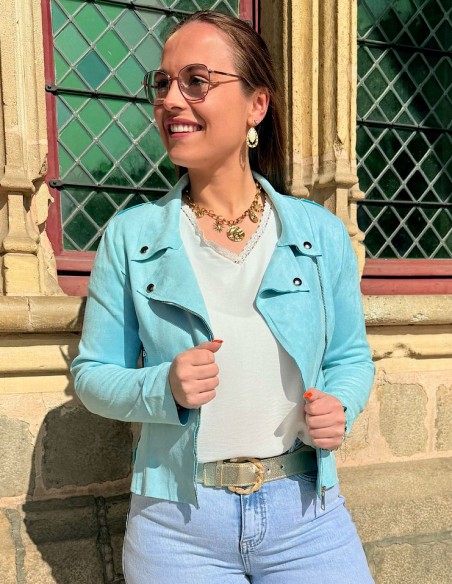 Veste femme en daim coupe perfecto coloré courte tendance printemps / été