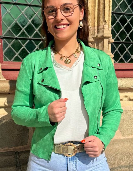 Veste femme en daim coupe perfecto coloré courte tendance printemps / été