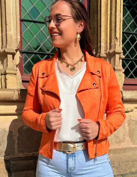 Veste femme en daim coupe perfecto coloré courte tendance printemps / été