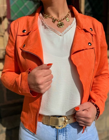 Veste femme en daim coupe perfecto coloré courte tendance printemps / été