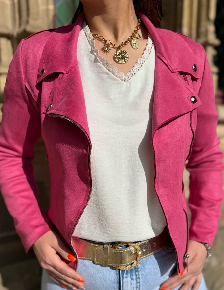 Veste femme en daim coupe perfecto coloré courte tendance printemps / été