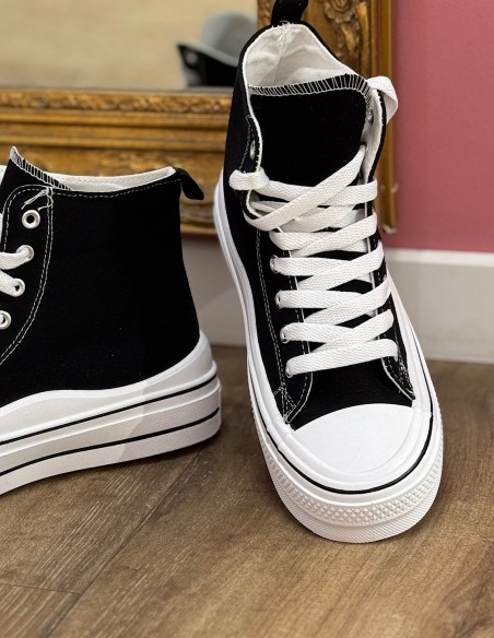 Baskets montantes femme en toile - Sneakers plateformes montantes à lacets
