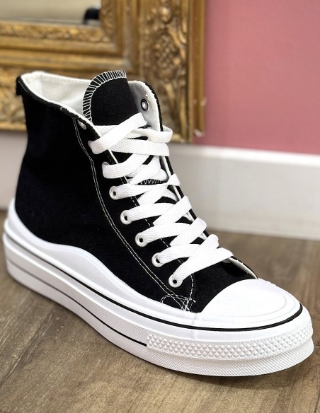 Baskets montantes femme en toile - Sneakers plateformes montantes à lacets
