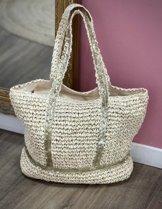 sac cabs en raphia beige avec anses décorées de sequins doré pour l'été ou la plage
