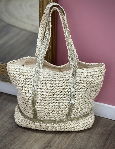 sac cabs en raphia beige avec anses décorées de sequins doré pour l'été ou la plage