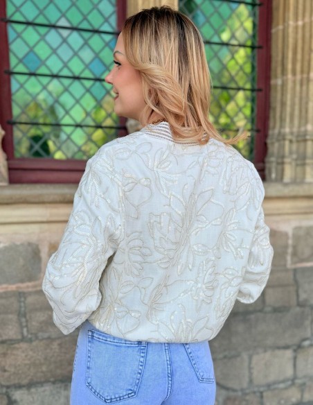 Blouson bombers femme lin blanc brodé à sequins dorés - chic et élégant