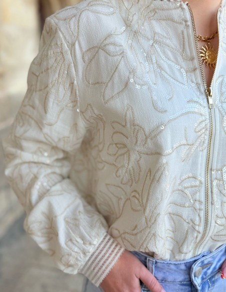Blouson bombers femme lin blanc brodé à sequins dorés - chic et élégant