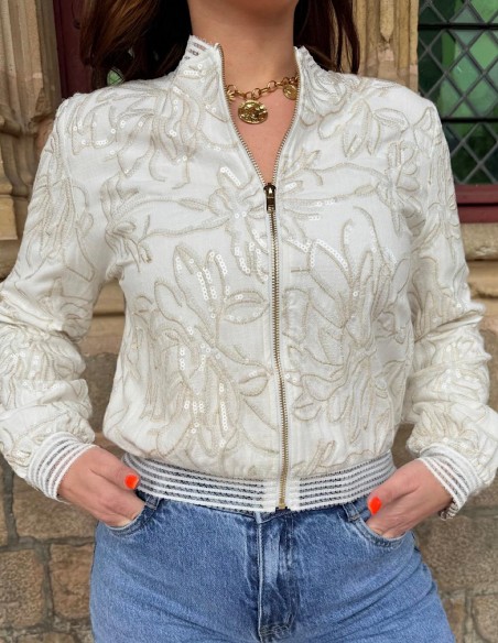 Blouson bombers femme lin blanc brodé à sequins dorés - chic et élégant