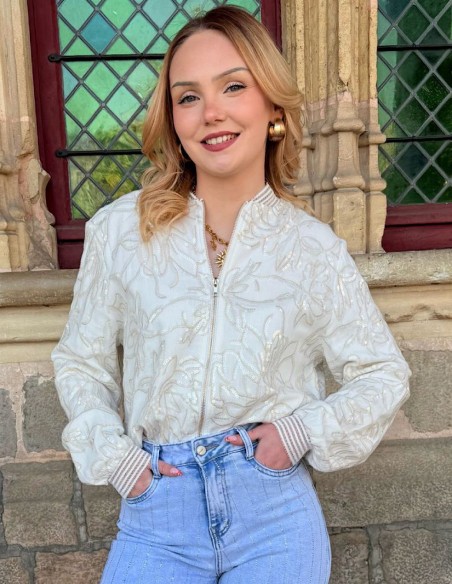 Blouson bombers femme lin blanc brodé à sequins dorés - chic et élégant