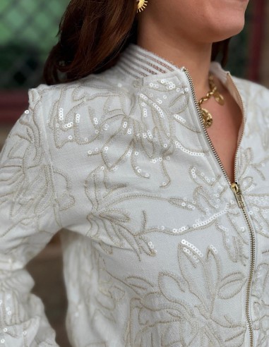 Blouson bombers femme lin blanc brodé...
