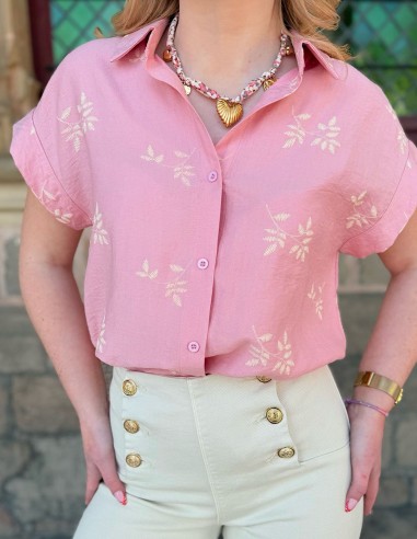 Chemise femme rose à motifs feuillage...