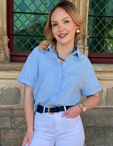chemisette femme bleu ciel en coton léger, coupe droite, manches courtes