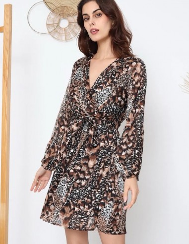 Robe courte femme imprimé animal marron cache col cache-cœur du 36 au 50