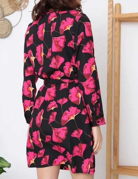 Robe femme courte à manches longues motifs floral rose et noir coupe droite
