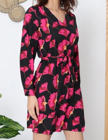 Robe femme courte à manches longues motifs floral rose et noir coupe droite