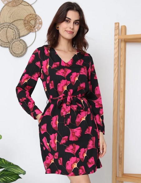 Robe femme courte à manches longues motifs floral rose et noir coupe droite