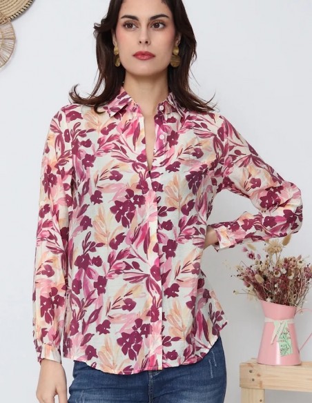Chemisier femme fleuri effet soie à manches longues imprimé rose