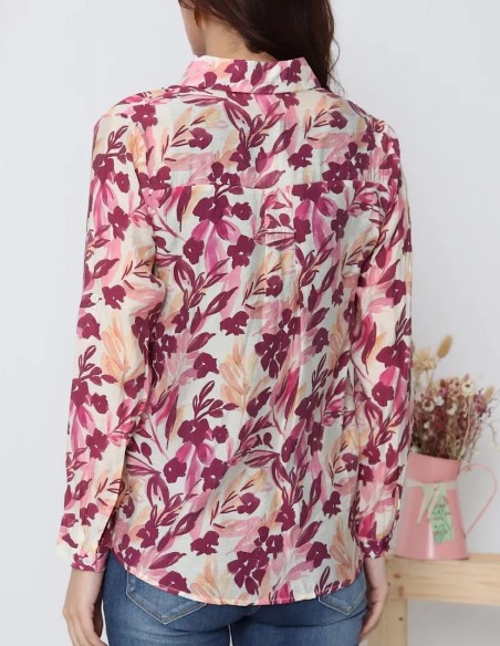 Chemisier femme fleuri effet soie à manches longues imprimé rose