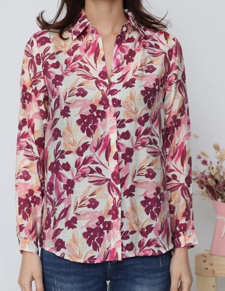 Chemisier femme fleuri effet soie à manches longues imprimé rose
