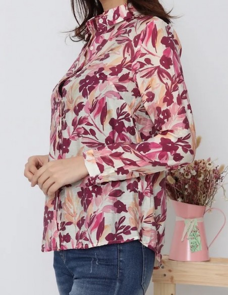 Chemisier femme fleuri effet soie à manches longues imprimé rose