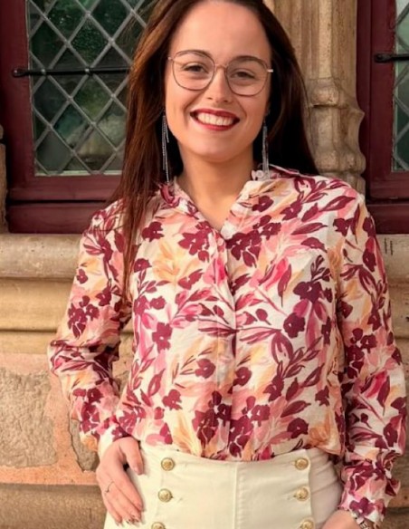 Chemisier femme fleuri effet soie à manches longues imprimé rose