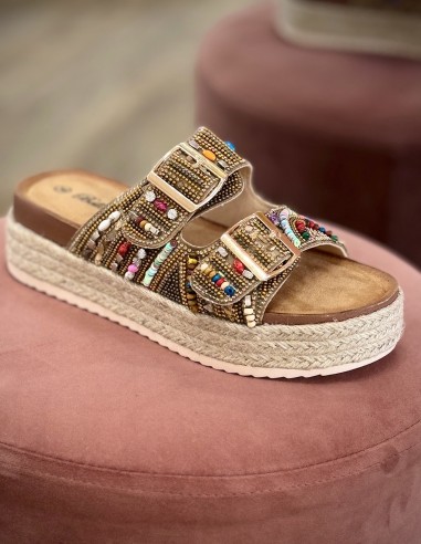 Sandales compensées femme été avec plateforme corde tressée - style bohème avec perles colorées