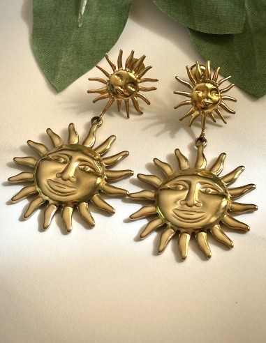 Boucles d'oreilles pendantes Soleil vintage Ibiza vibes summer en acier inoxydable