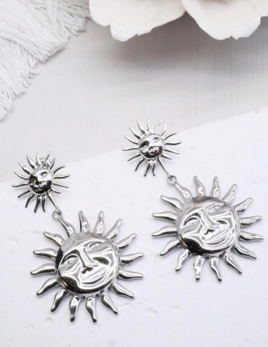 Boucles d'oreilles pendantes Soleil vintage Ibiza vibes summer en acier inoxydable