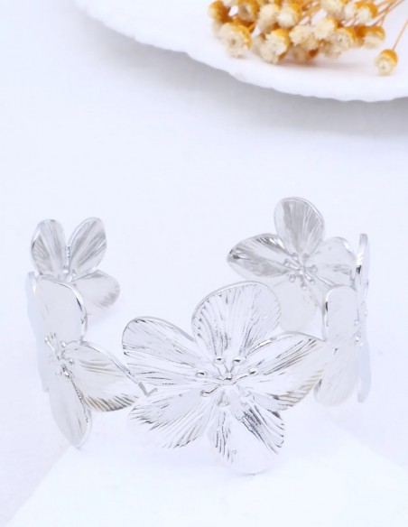 Bracelet manchette fleur femme en acier inoxydable - bijou fantaisie élégant été