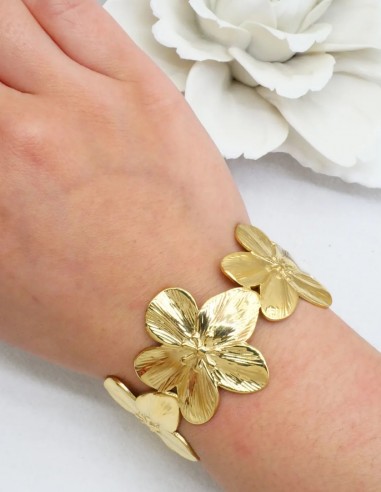 Bracelet manchette fleur femme en acier inoxydable - bijou fantaisie élégant été