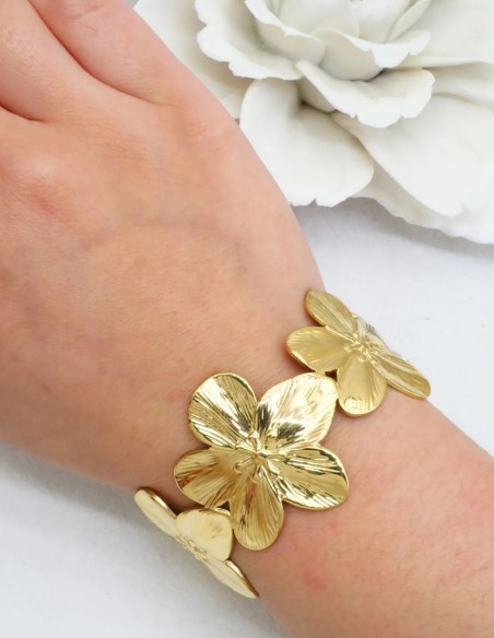 Bracelet manchette fleur femme en acier inoxydable - bijou fantaisie élégant été