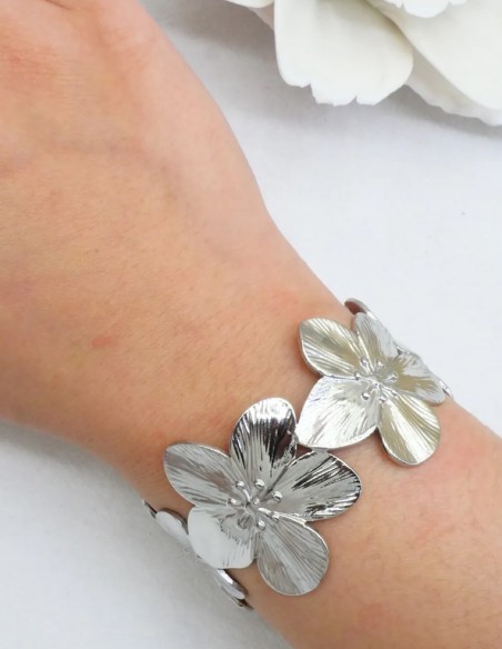 Bracelet manchette fleur femme en acier inoxydable - bijou fantaisie élégant été