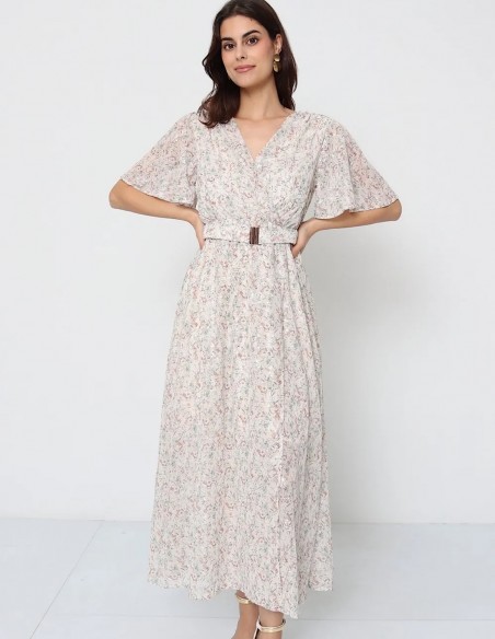 Robe longue femme été chic bohème - col cache-cœur manches courtes imprimé pastel fleuri