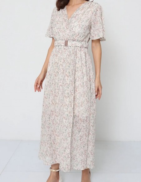 Robe longue femme été chic bohème - col cache-cœur manches courtes imprimé pastel fleuri