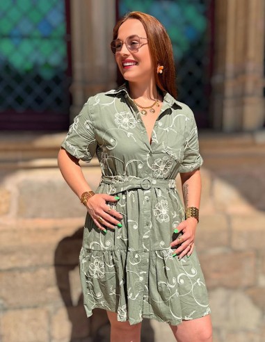 Robe chemise femme en coton été bohème courte à ceinture avec broderie florale