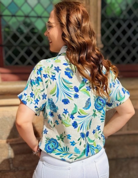 Chemisette femme été fleurie - Chemisier imprimé léger vert et bleu du 34 au 50